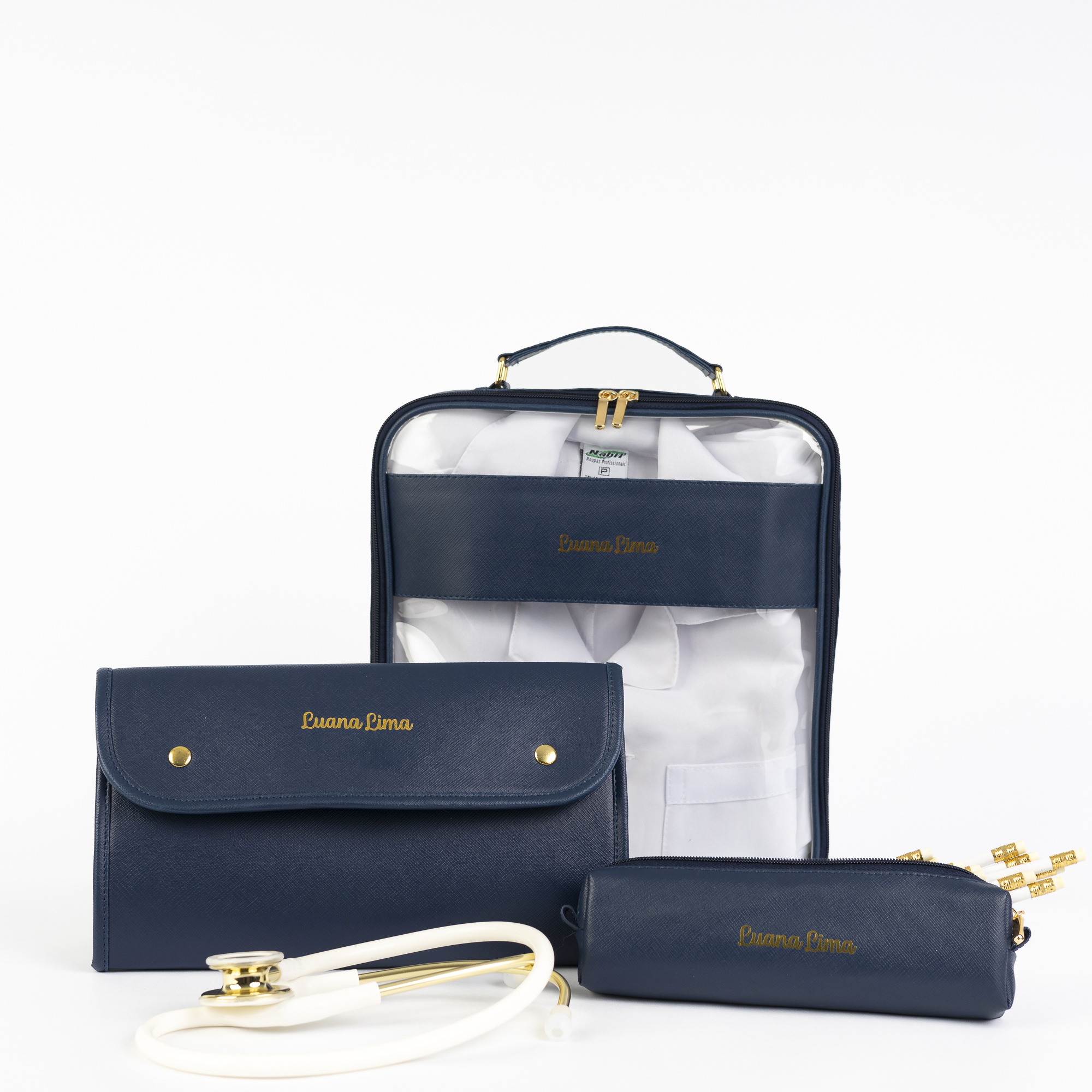 Kit Porta Jaleco, Porta Estetoscópio e Estojo